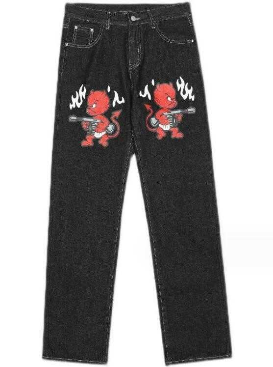 Men's Jeans Men's Jeans Devil Printed High Street Vintage Y2K Clothes Black Baggy Jeans Straight Trousers Streetwear Wide Leg Pants MenL2310