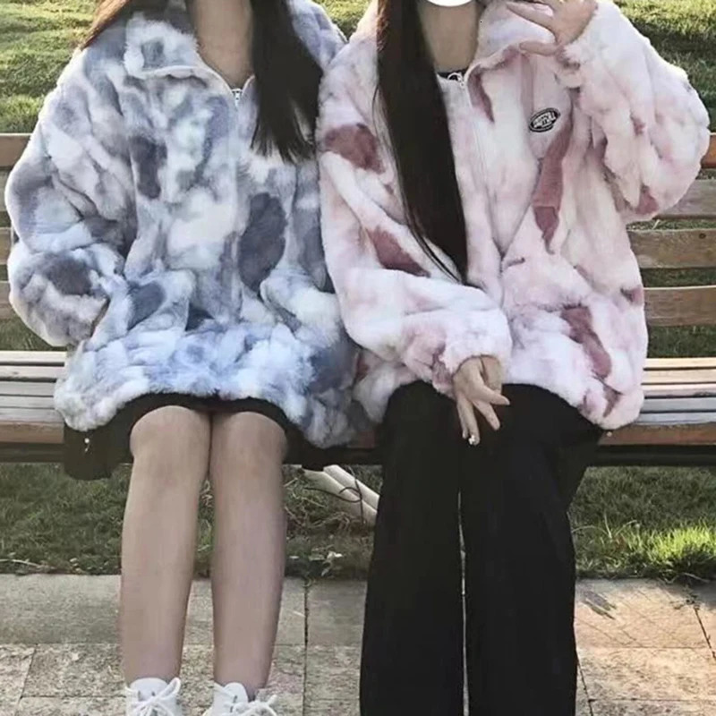 Women Tie Dye Lamb Fleece Jacket Autumn Winter Zipper Outerwear Warm Plush Jackets Harajuku Casual Loose Female Thick Coat 240108 - view 6