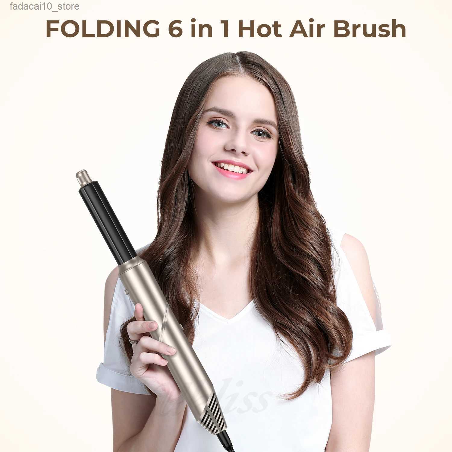 Hair Dryers 6 in 1 Hair Dryer Brush Negative Ions Hair Blower Brush Salon Blow Dryer Air Curler Wand Ceramic Curling Iron Styler Folding Q240109