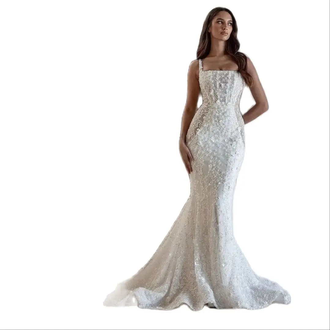 Simple Lace Mermaid Wedding Dresses Spaghetti Straps Bridal Gowns Sleeveless 3D Wer Backless Sweep Train Vestido De Novia 0219