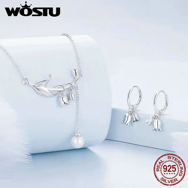 WOSTU Real 925 Sterling Silver Lily of the Valley Flower Necklace Pearl Pendant Drop Earrings Set Wedding Party Jewelry Gift 240109