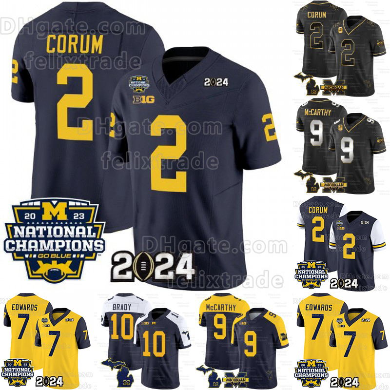 Michigan Wolverines 2024 Champions Jersey 9 JJ McCarthy 2 Woodson 10 Tom Brady 97 Aidan Hutchinson Peppers Roman Wilson College Football Stitched Yellow Blue White
