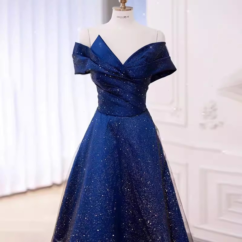Sparkling Evening Dresses Navy, Burgundy Prom Gowns Off the Shoulder Lace-up Back Party Dresses