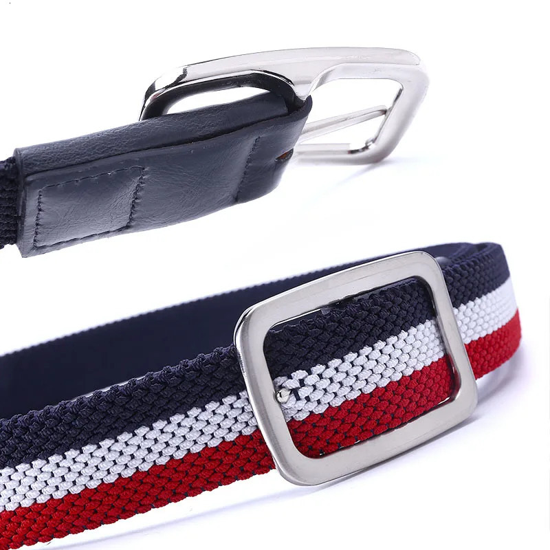 Premium Quality Fashion Accessories Double Sided Braided Elastic Stretch Fabric Golf Leather Belt For Men with Silvery Buckle 240109