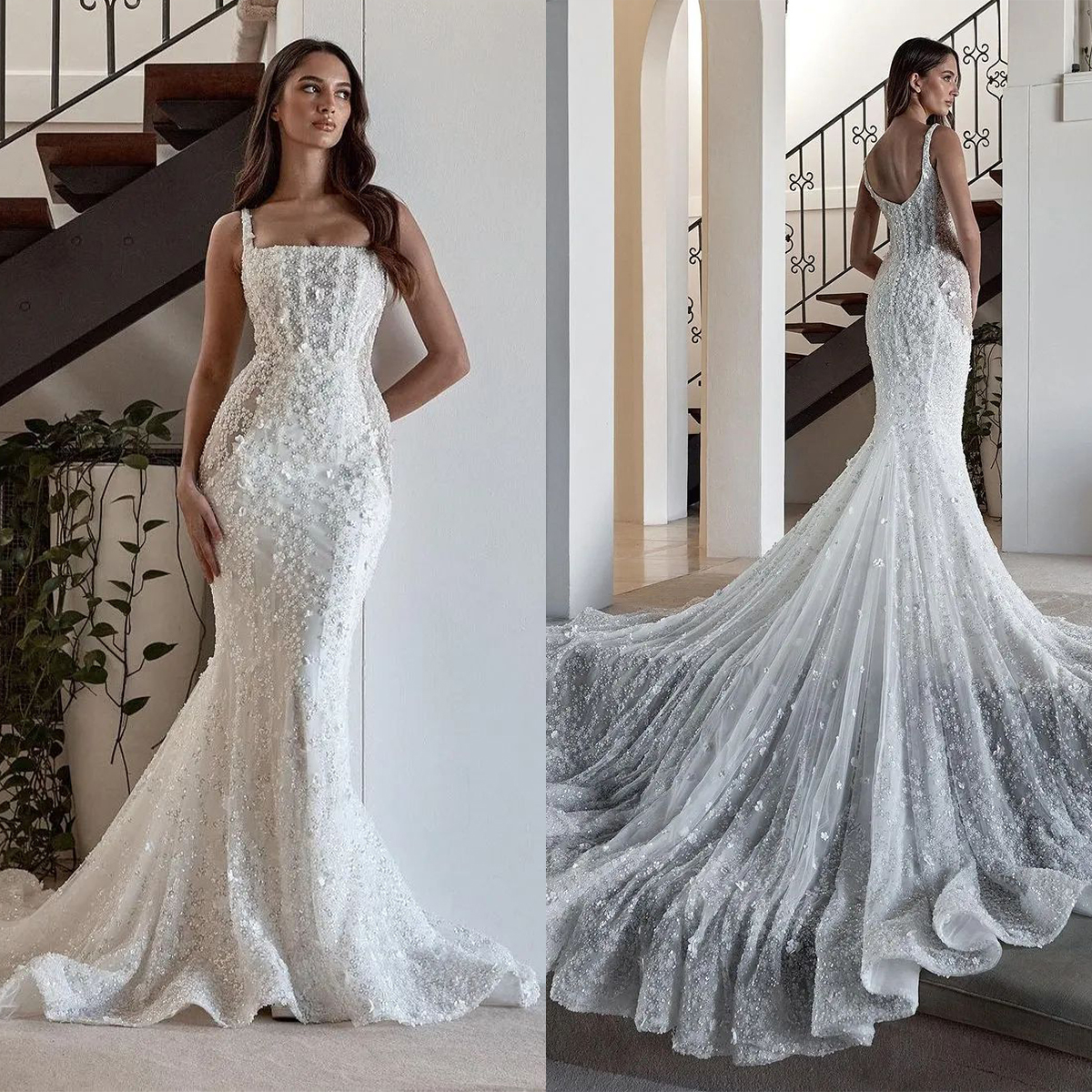 Simple Lace Mermaid Wedding Dresses Spaghetti Straps Bridal Gowns Sleeveless 3D Wer Backless Sweep Train Vestido De Novia 0219