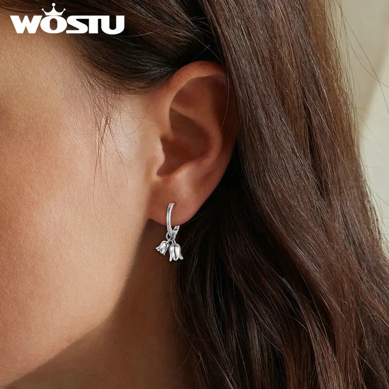 WOSTU Real 925 Sterling Silver Lily of the Valley Flower Necklace Pearl Pendant Drop Earrings Set Wedding Party Jewelry Gift 240109