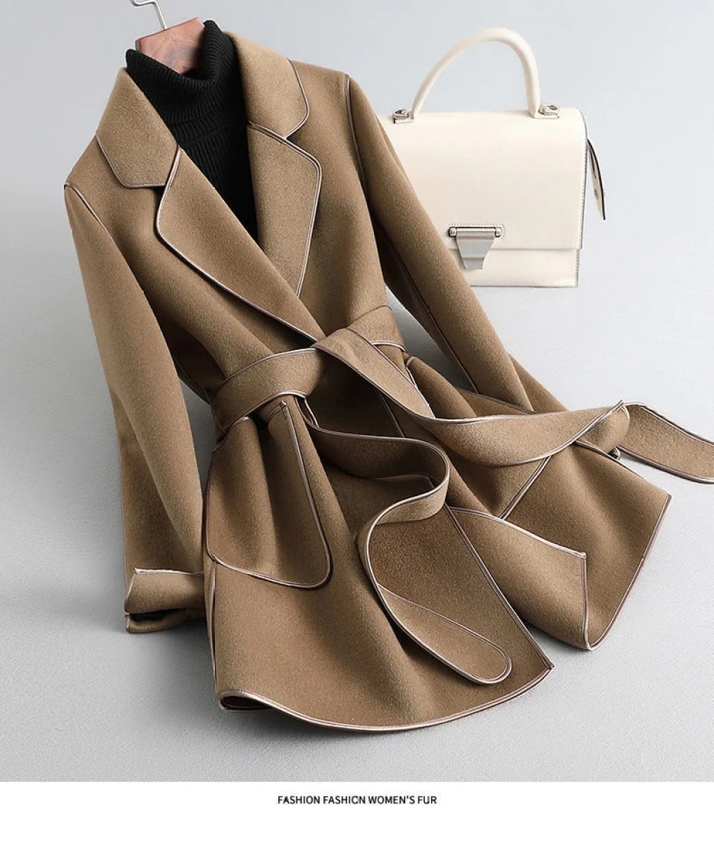 Elegant Midi Laceup Women Wool Blends Coats Fashion Female Classic Outwear Cardigan Autumn Winter Woolen Lady Pocket Overcoat