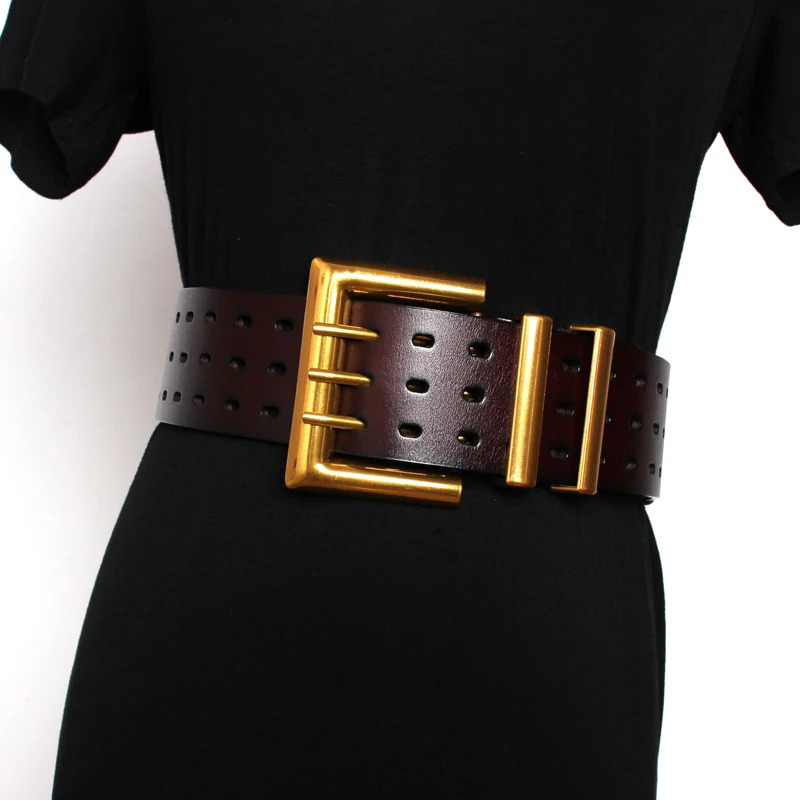 Women's runway fashion genuine leather gold buckle Cummerbunds female Dress Corsets Waistband Belts decoration wide belt R1520 240109