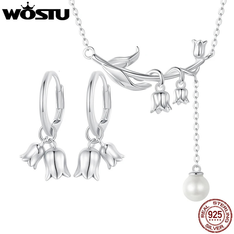 WOSTU Real 925 Sterling Silver Lily of the Valley Flower Necklace Pearl Pendant Drop Earrings Set Wedding Party Jewelry Gift 240109