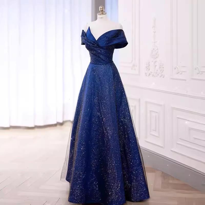 Sparkling Evening Dresses Navy, Burgundy Prom Gowns Off the Shoulder Lace-up Back Party Dresses
