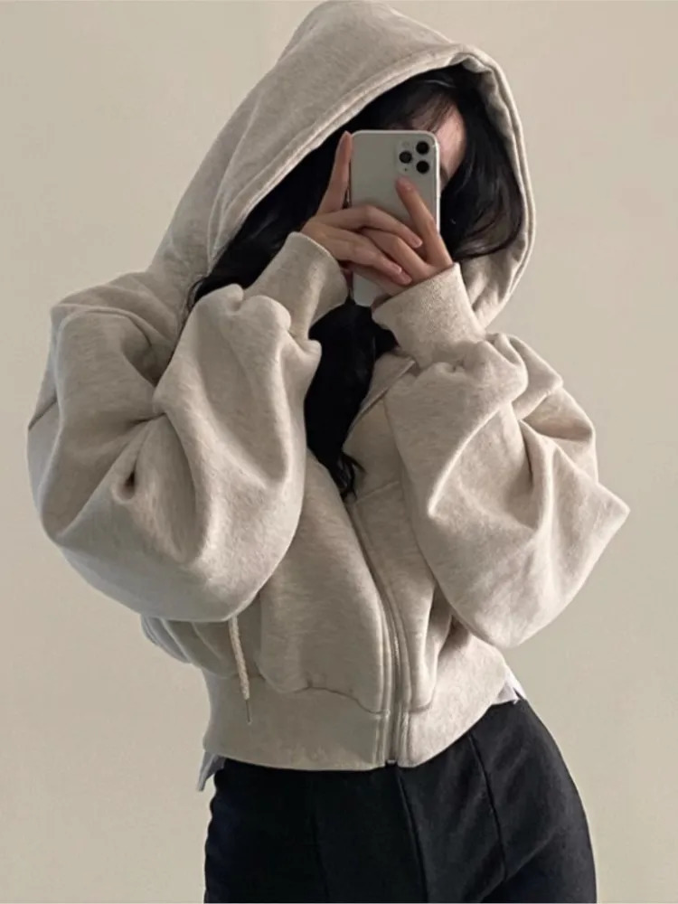 Casual Hoodie Coats Short Warm Zipper Jacket Women Long Sleeve Solid Korean Chic Sweatshirt Tops Autumn Winter Harajuku Clothes 240109