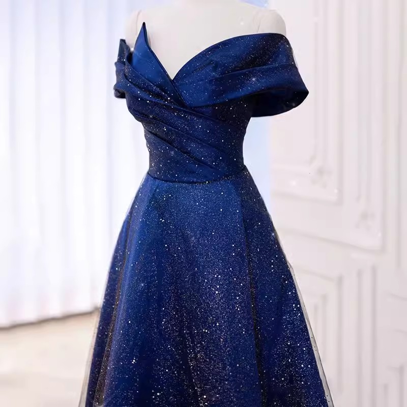 Sparkling Evening Dresses Navy, Burgundy Prom Gowns Off the Shoulder Lace-up Back Party Dresses