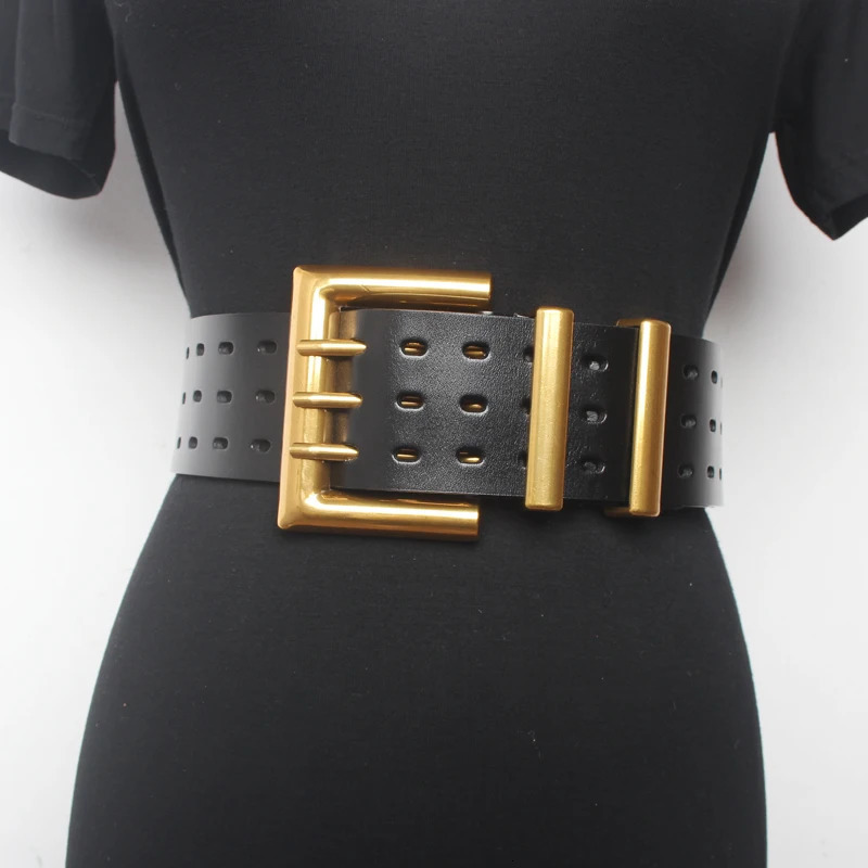 Women's runway fashion genuine leather gold buckle Cummerbunds female Dress Corsets Waistband Belts decoration wide belt R1520 240109