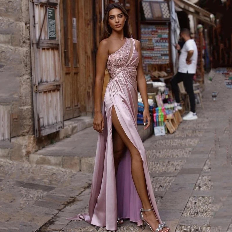 Prom Simple Beading Evening Dresses Sexy Side Slit Smooth Satin Trumpet Ball Gowns Long Sleeve Woman's Formal Bride Party Vestidos