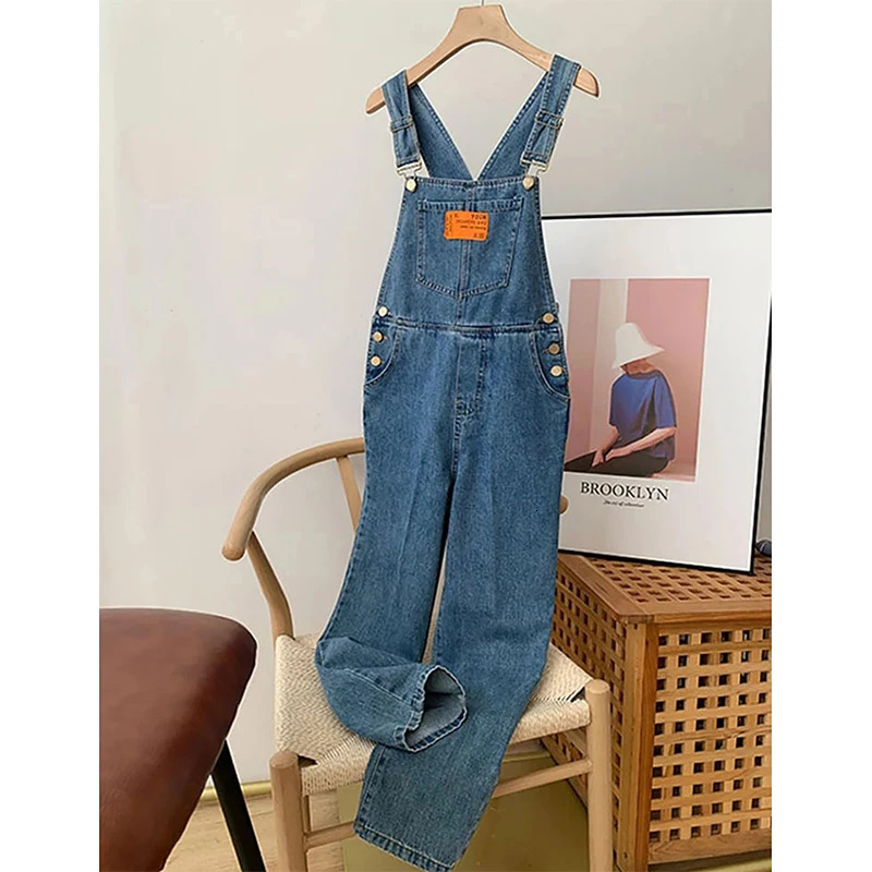 Women's Jumpsuits: Denim Overalls, Vintage Loose Casual Wide Leg Pants, High Waist Strap Straight Jeans Trousers B4