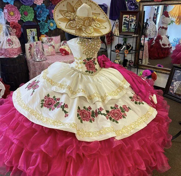 Dresses with Quinceanera Mexico Floral Embroidery Lace Appliques Hot Pink Tiered Skirt Pluffy Strapless Sweet Dress Crystals Beaded