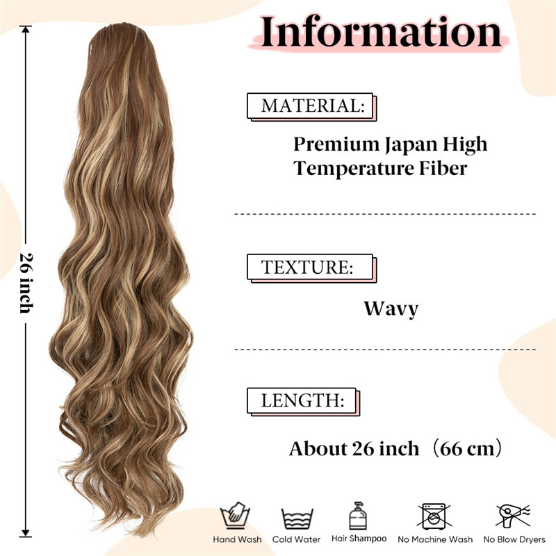 26" Drawstring Ponytail, Long Wavy Natural Soft Ponytail Extension Synthetic Heat Resistant Curly Hairpieces for Women