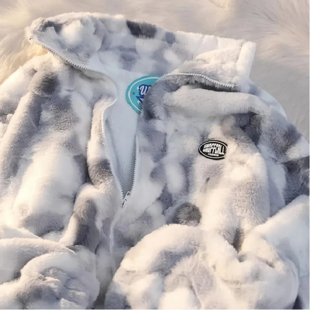 Women Tie Dye Lamb Fleece Jacket Autumn Winter Zipper Outerwear Warm Plush Jackets Harajuku Casual Loose Female Thick Coat 240108 - view 5