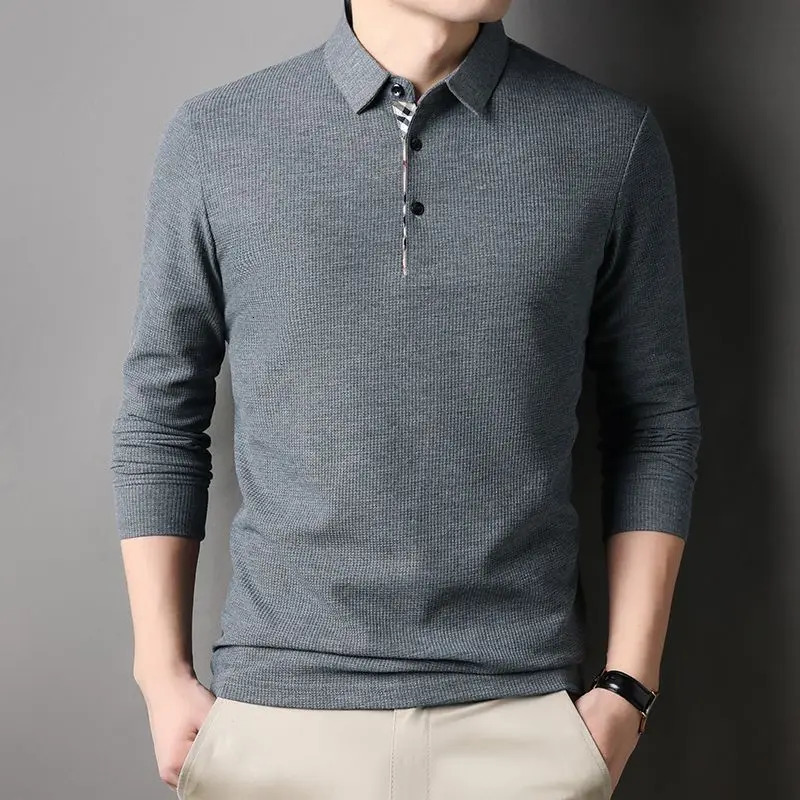 Men Fashion Long Sleeve Solid Casual Polo Shirts Spring Autumn Loose Streetwear Male Clothes Lapel Plaid Business Office Tops 240109