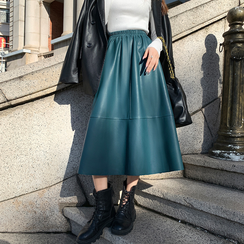 Skirts Vintage Ropa Winter Women Genuine Leather Thin A-line Pleated Skirts Femme Wine Red/Black 65cm Long Jupe Mujer Casual Etek Steet 230413