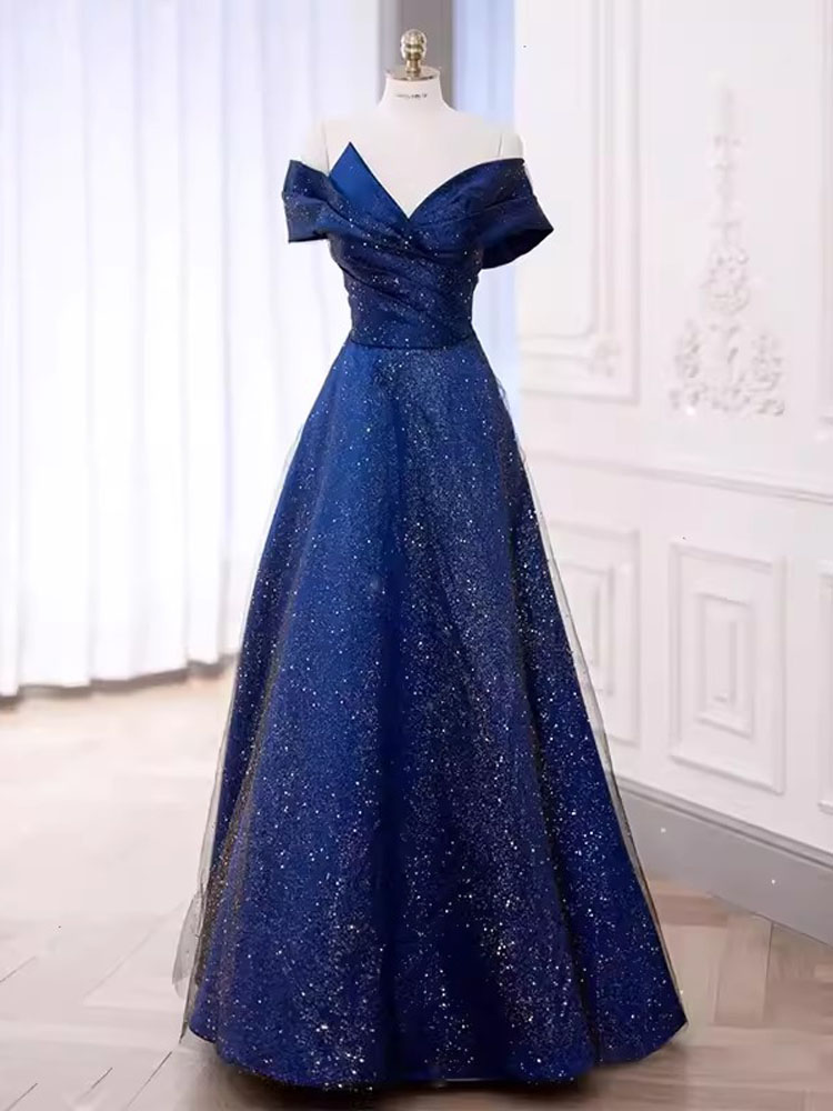 Sparkling Evening Dresses Navy, Burgundy Prom Gowns Off the Shoulder Lace-up Back Party Dresses