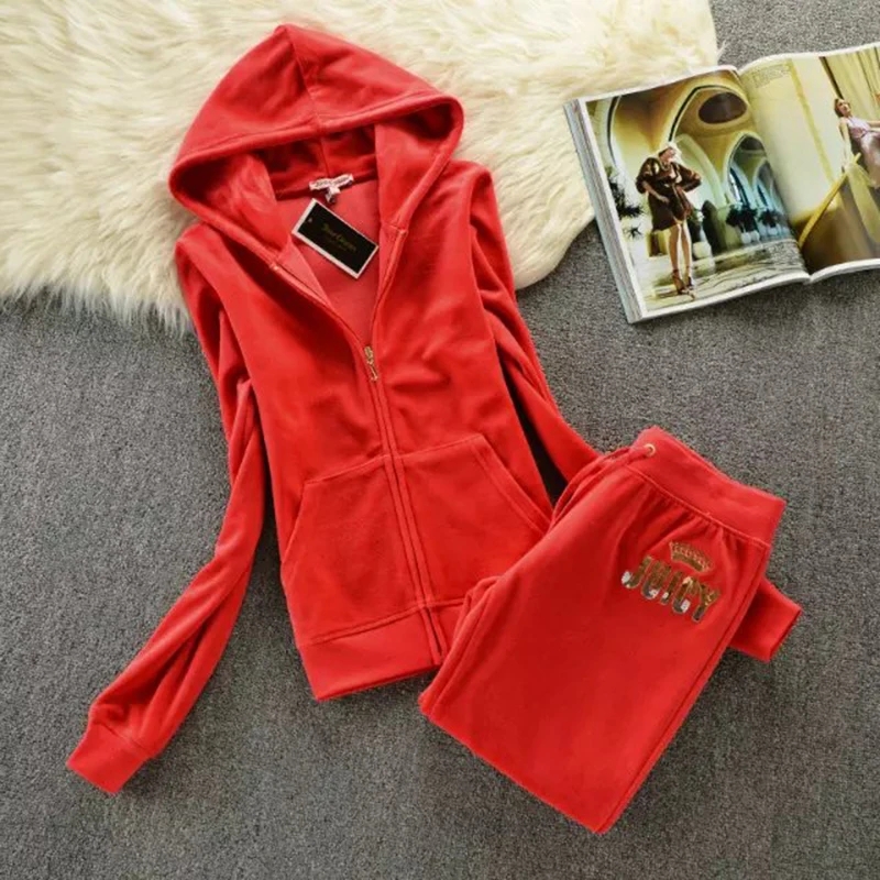 Juicy Casual Vintage Velvet 2 Piece Set Autumn Casual Tracksuit Long Sleeve Hoodie Sweatshirt With Sequins Women Trac