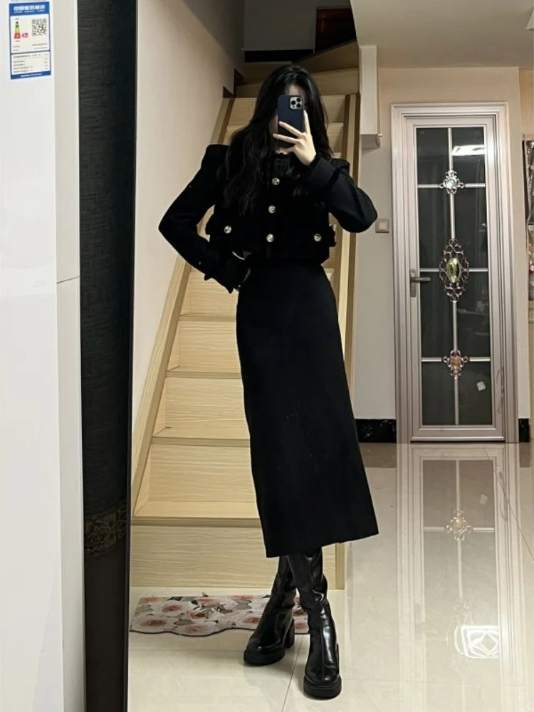 Insozkdg Office Lady Skirt Suit Tweed Two Piece Outfits Women Long Sleeve Coathigh Waist Pencil Set 2 240109 B4