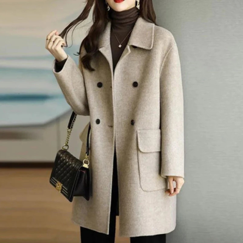 Womens long sleeved girl coat with smooth colors paired suit collar and double button for autumn novelty 240108