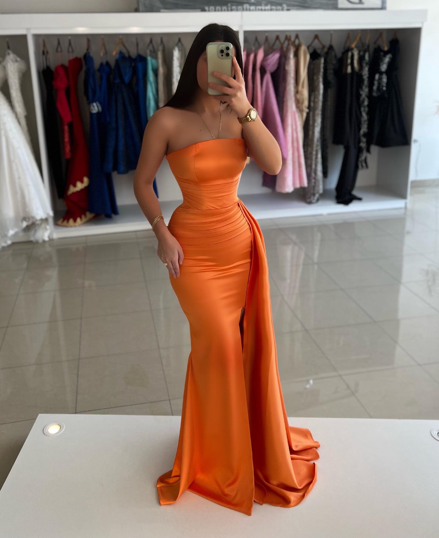 Prom Orange Mermaid Dress Strapless Evening Elegant Sleeveless Pleats Waist Decor Backless Formal Dresses For Special Ocns Es 6660306