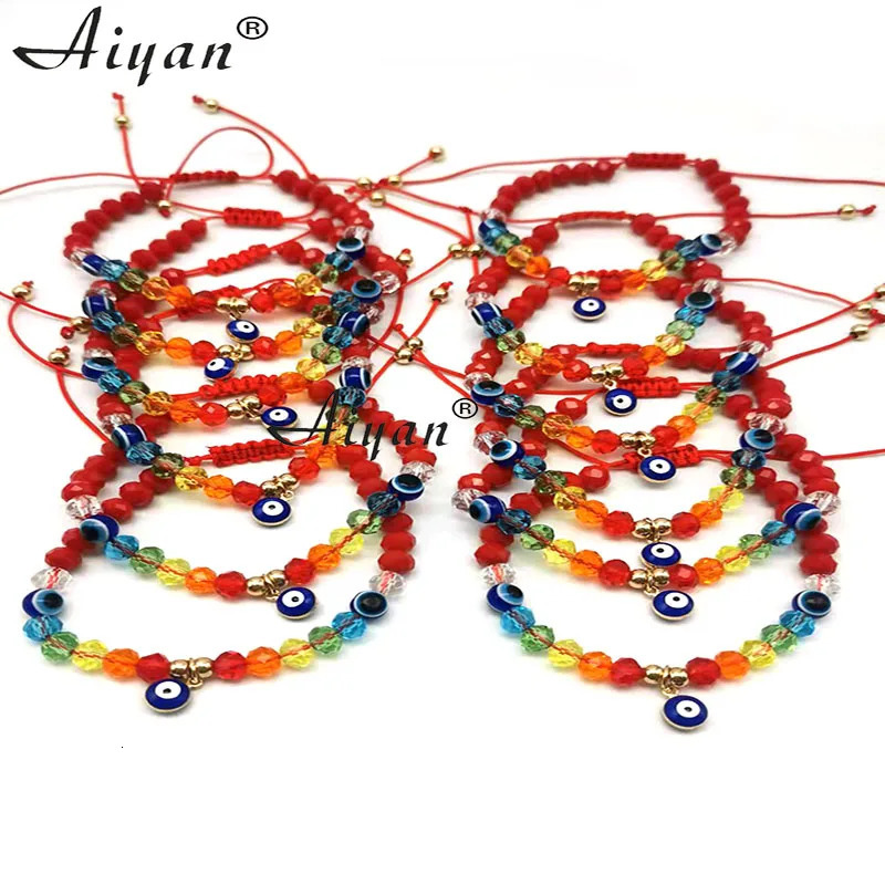 12 Pieces Rainbow And Red Crystal Hanging Alloy Single Hanging Eye Woven Bracelet With Exorcism Protection Can Given As Gifts 240109
