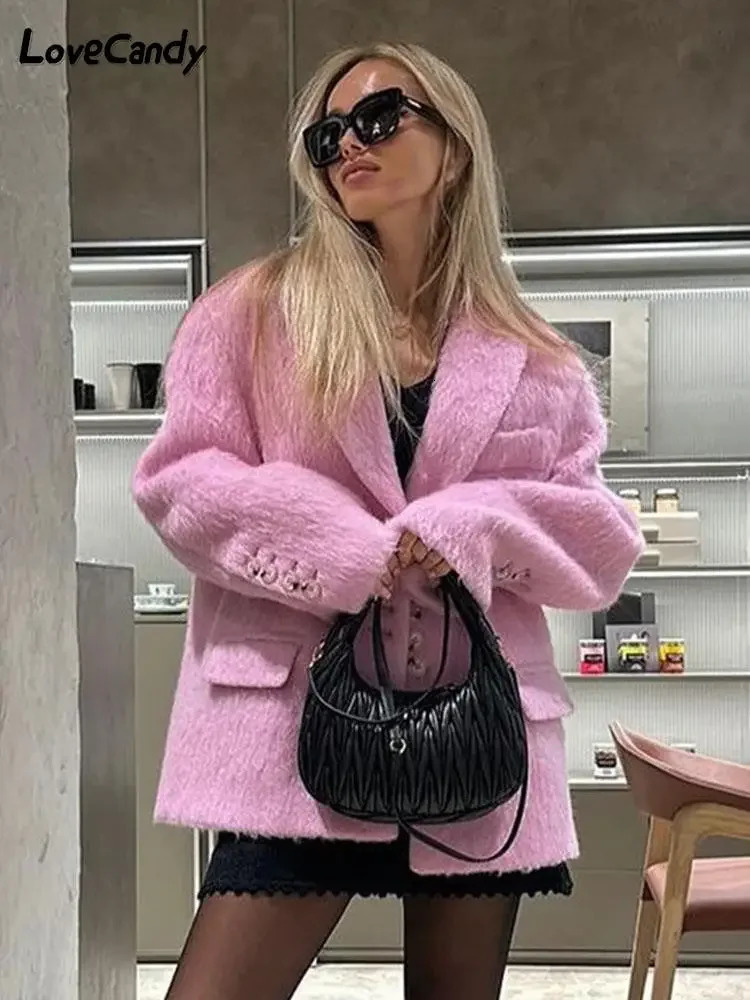 Fashion Lapel Woolen Plush Pink Coats For Women Long Sleeves Single Breasted Jackets Autumn Winter Elegant Female Overcoat 240108