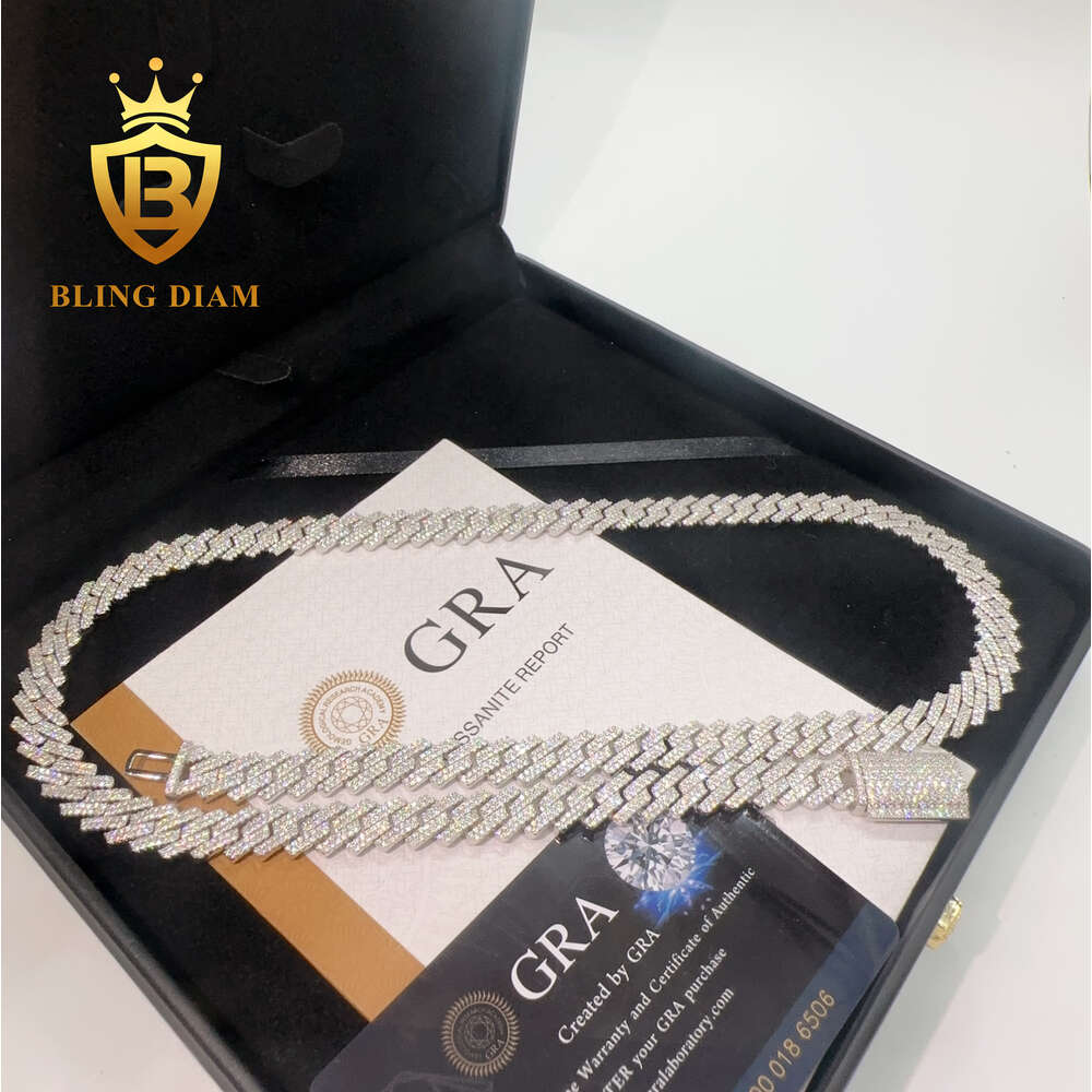 Hip Hop Jewelry S925 Silver Men Women 10mm Moissanite Diamond Cuban Link Chain Choker Necklace