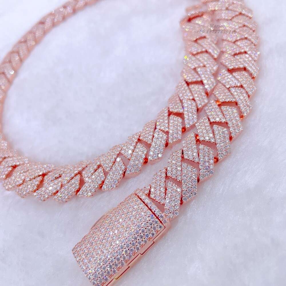 Hiphop Luxury Jewelry 15mm Width 3row Moissanite Diamond 20inches Cuban Chain Cuban Link Chain 925 Silver Cuban Chain Necklace