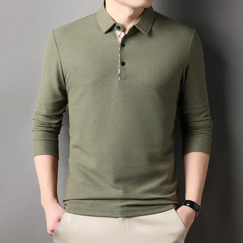 Men Fashion Long Sleeve Solid Casual Polo Shirts Spring Autumn Loose Streetwear Male Clothes Lapel Plaid Business Office Tops 240109