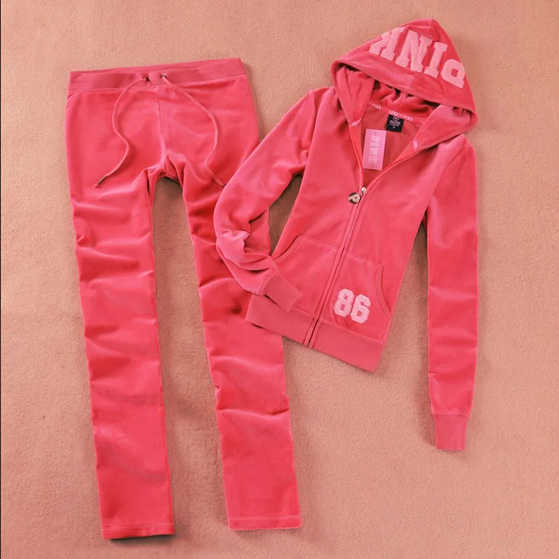 PINK Velvet Tracksuits for Women - Zipper Hoodie and Embroidered Letter Jogger Pants Two-Piece Casual Lounge Set C260312