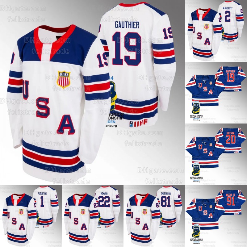 USA Hockey 2024 IIHF World Junior Champions White Blue Jersey 19 Cutter Gauthier 4Gavin Brindley 1Trey Augustine 2Rutger McGroarty 9Ryan Leonard 81Jimmy Snuggerud