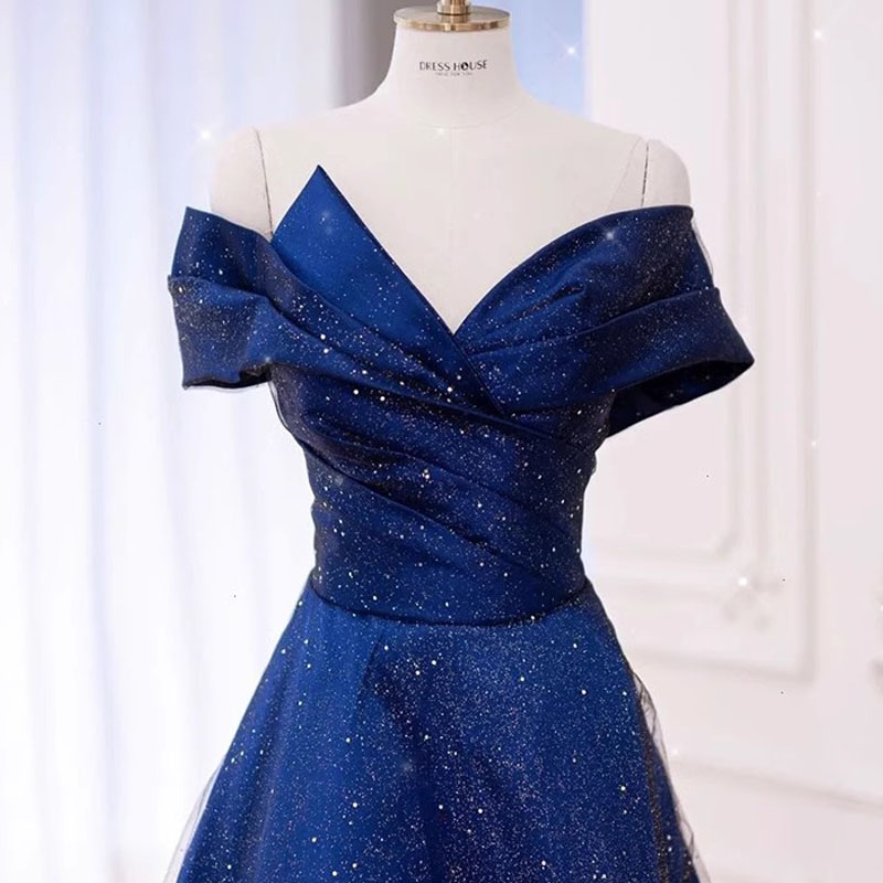 Sparkling Evening Dresses Navy, Burgundy Prom Gowns Off the Shoulder Lace-up Back Party Dresses