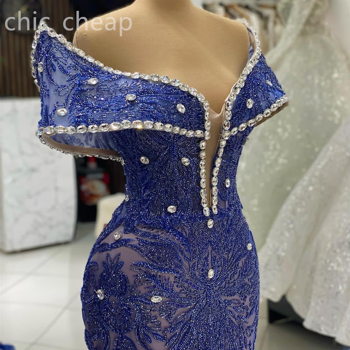 Ao Ebi 2024 Royal Blue Mermaid Prom Dre Crytal Sequined Lace Evening Formal Party Second Reception Birthday Engagement Gown Dree Robe De Soiree Zj434