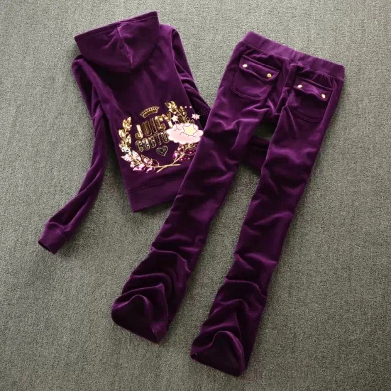 Juicy Casual Vintage Velvet 2 Piece Set Autumn Casual Tracksuit Long Sleeve Hoodie Sweatshirt With Sequins Women Trac
