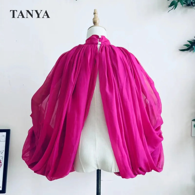 Pink Silk Chiffon Wedding Cloak Puffy Sleeves Jacket Bridal Accessories Short Bolero Shawl Free Size High Neck With Buttons 240108