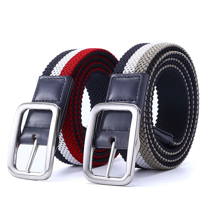Premium Quality Fashion Accessories Double Sided Braided Elastic Stretch Fabric Golf Leather Belt For Men with Silvery Buckle 240109