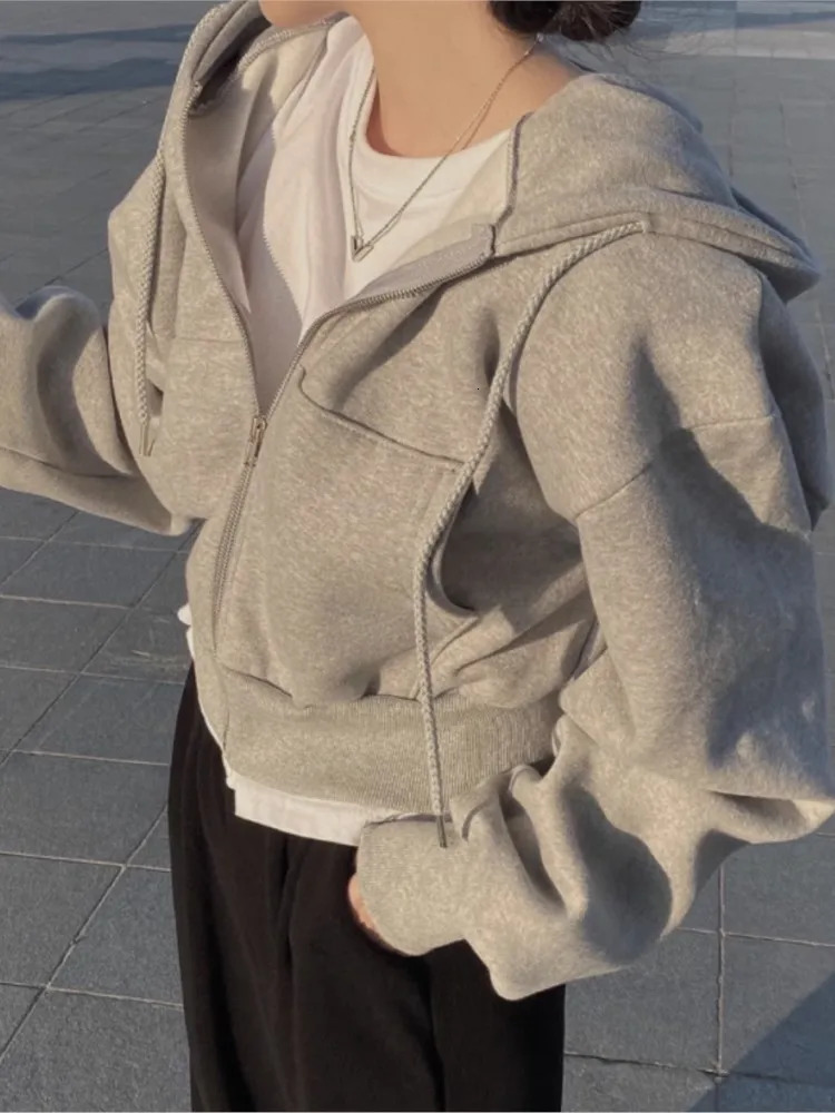 Casual Hoodie Coats Short Warm Zipper Jacket Women Long Sleeve Solid Korean Chic Sweatshirt Tops Autumn Winter Harajuku Clothes 240109