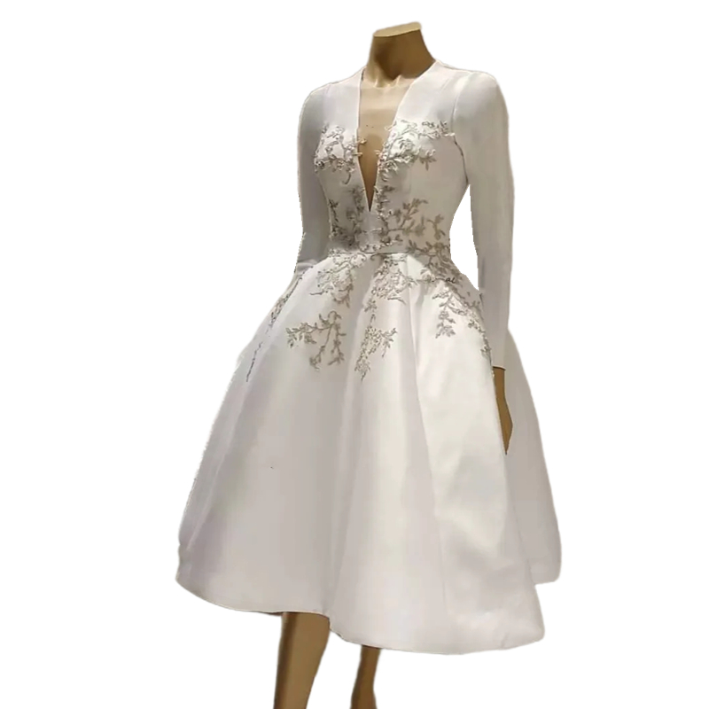 Length White Simple Tea A E Wedding Dresses Long Sleeves Deep V Neck Satin Vintage Bridal Gowns Embroidery Elegant Women Formal Dress