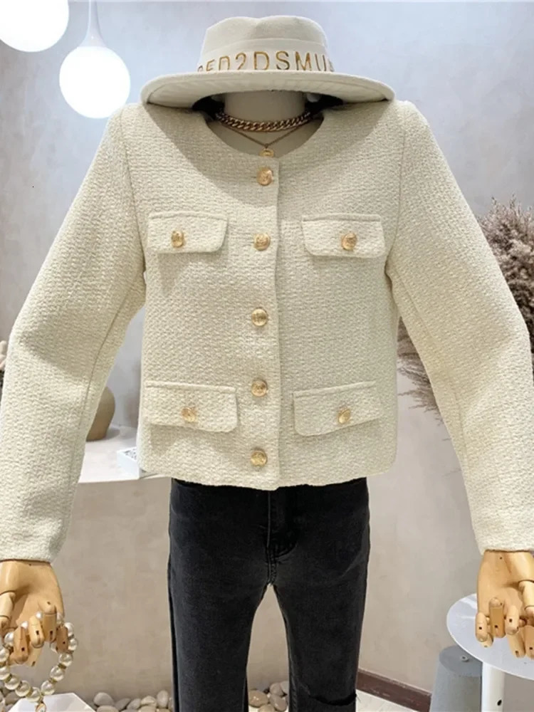 Autumn Winter Small Fragrant Tweed Jacket Coat Women Vintage Woolen Short Coats Streetwear Elegant Casual Slim Outwear Crop Top 240110