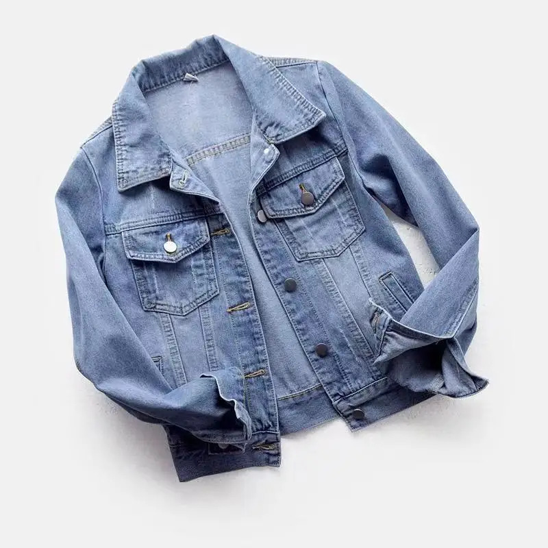 Spring Summer Full Sleeves Solid Women Collared Distressed Coat Ladies Washed Cropped Denim Jacket Girl Ripped Jean Cardigan Top 240109