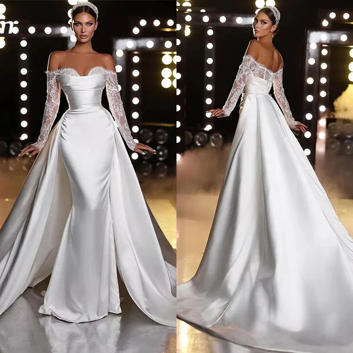 ful Off Shoulder Mermaid Wedding Dresses Detachable Bridal Gowns Long Sleeves Backless Satin Sweep Train Robe