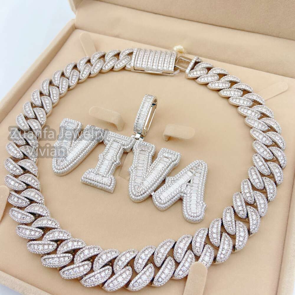Hip Hop Bling Jewelry Iced Out Moissanite Sterling Silver Cuban Link Chain Custom Name Letter Pendant Necklace