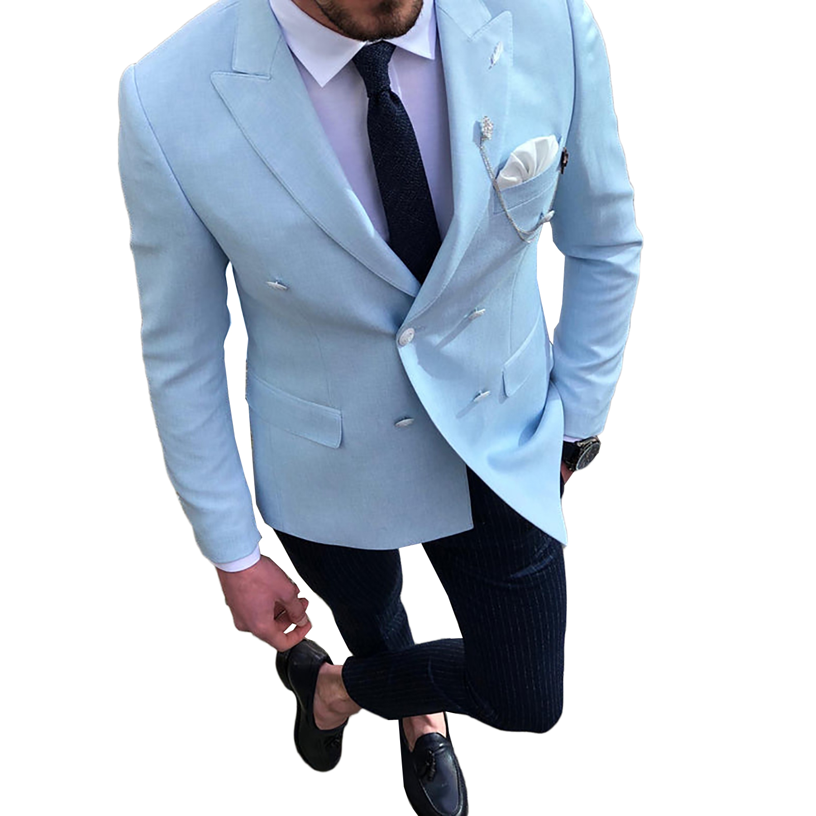 Summer Light Blue Mens Jacket Double Breasted Peaked Lapel Groom Blazer Party Birthday Wear One Piece