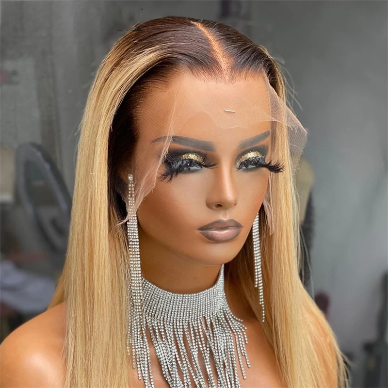 Ombre Blonde Straight Lace Front Wig Human Hair Wigs For Women Lace Closure Wig Pre Plucked Honey Blonde Colored Synthetic Wigs