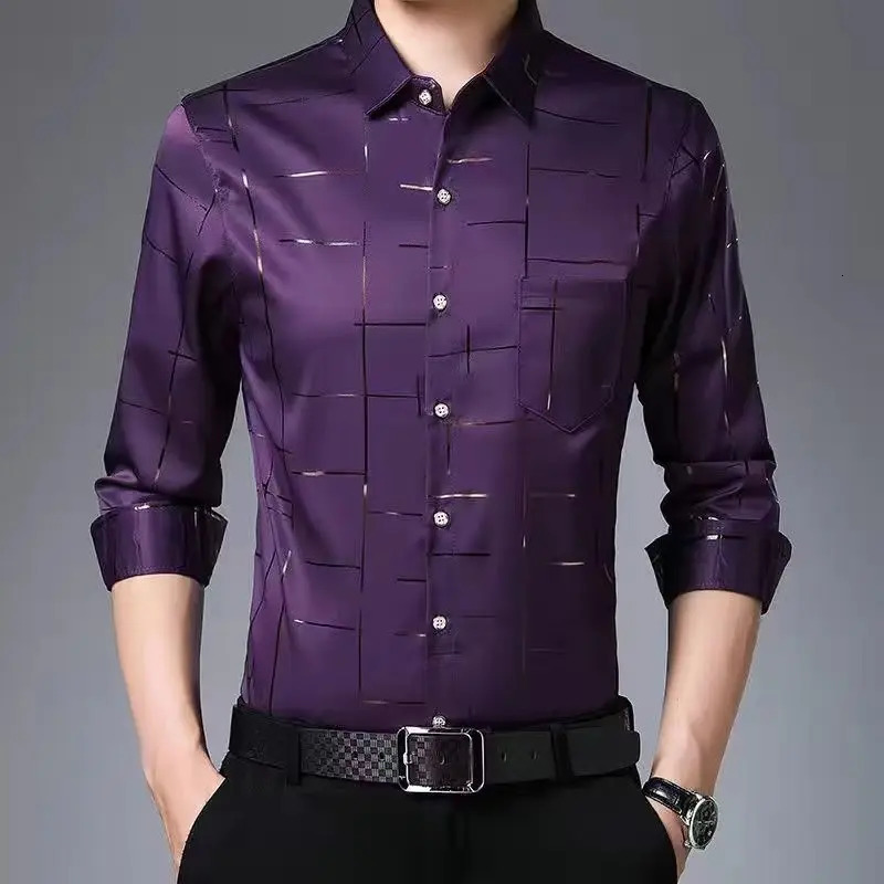 Smart Casual Men Thin Plaid Smooth Shirts Long Sleeve Lapel Spring Autumn Clothing Koreon Male Loose Business Fashion Tops 240109